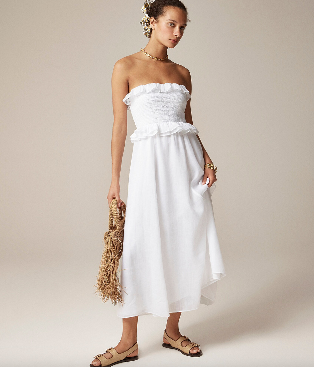 J.Crew Ravenna Dress Ramie Ruffle Lightweight Smocked Midi White XS NWT - Picture 1 of 12
